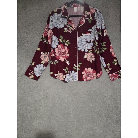 Liz Claiborne Cotton Pajama Set Womens M Burgundy Floral Button Front Warm LS - Picture 3 of 13